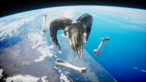 Rams skull with bones at Earth orbit Vídeo Stock 250031760