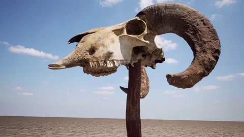 A rams skull hanging on a timber stake in the middle of an empty desert. Stock Footage 164731546