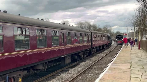 RAMSBOTTOM UK 2025 March 14: East Lancashire Railway trains. 4k Video Stock Footage 304230935
