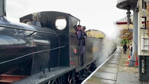 Ramsbottom UK 27 May 2024; 1940s Steam train celebration event. 4k video Stock Footage 276368813