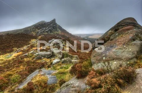 Ramshaw rocks in peak district national park on foggy autumn day Stock Photos