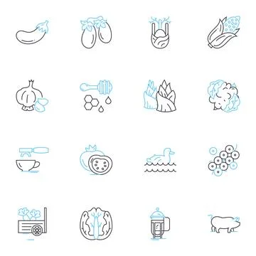 Ranch linear icons set. Horses, Cattle, Stables, Barn, Pastures, Hay, Rodeo line Stock Illustration