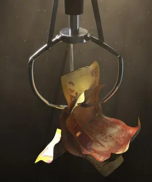 Rand Notes In A Robotic Claw Foto stock