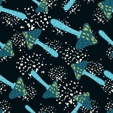 Random abstract seamless forest pattern with doodle blue mushroom elements. B Stock Illustration