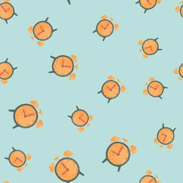 Random abstract seamless pattern with bright orange alarm clock elements. Pas Illustrazione stock