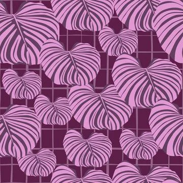 Random abstract seamless pattern with lilac exotic monstera leaf silhouettes. Stock Illustration