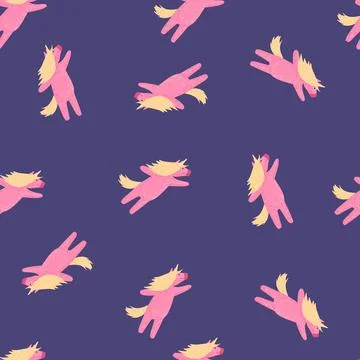 Random abstract seamless pattern with magic unicorn pink shapes. Purple backg Illustrazione stock