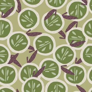 Random abstract seamless pattern with pale green half apple shapes with seeds Illustrazione stock