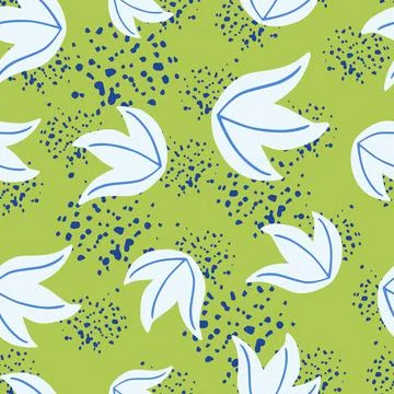 Random abstract seamless pattern with white doodle leaves bush print. Green b Stock Illustration