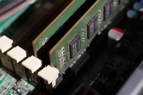Random access memory of a personal computer macro photo with selective focus. Stock Photos