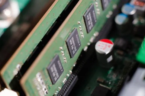 Random access memory of a personal computer macro photo with selective focus. Stock Photos