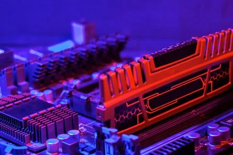 Random access memory the strip is inserted into the motherboard. Motherboard  Stock Photos