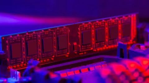 Random access memory.strip inserted into the motherboard. Motherboard out-of- Stock Photos