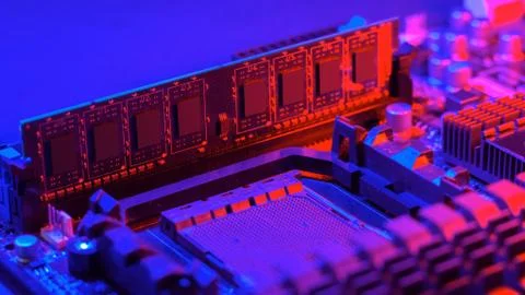Random access memory.strip inserted into the motherboard. Motherboard out-of- Stock Photos