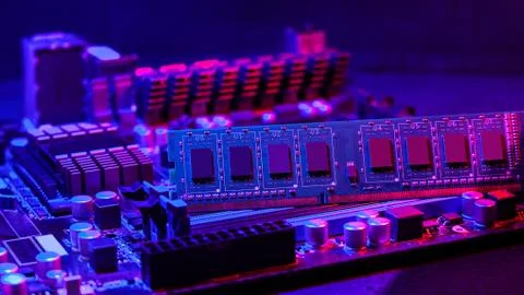 Random access memory.strip inserted into the motherboard. Motherboard out-of- Stock Photos