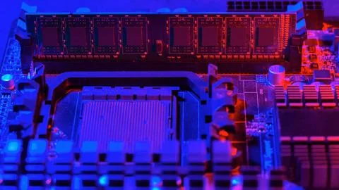 Random access memory.strip inserted into the motherboard. Motherboard out-of- Stock Photos