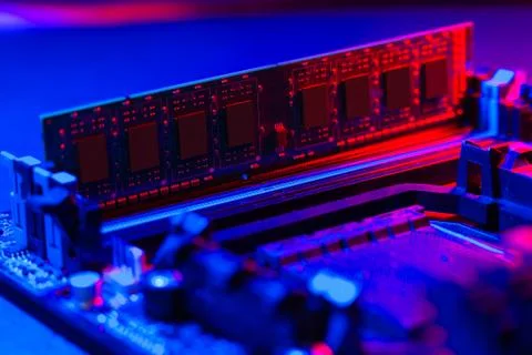 Random access memory.strip inserted into the motherboard. Motherboard out-of- Stock Photos