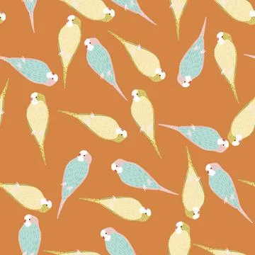 Random animal exotic seamless pattern with beige and blue colored parrot orna Stock Illustration