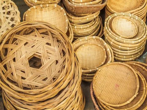 Random assortment of woven cane baskets Stock Photos