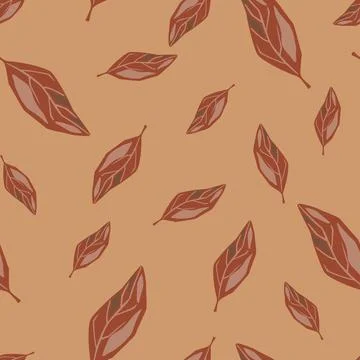 Random autumn seamless pattern with doodle brown leaf elements. Beige backgro Illustrazione stock