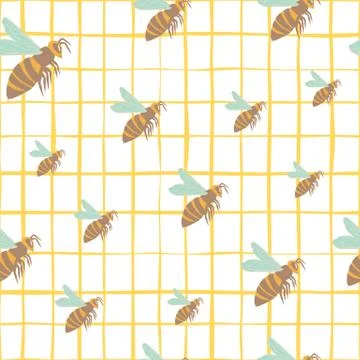 Random bee ornament seamless doodle pattern. Wasp silhouettes in yellow and b イラスト素材