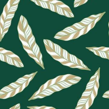 Random beige and white colored feather shapes seamless doodle pattern. Green  Stock Illustration