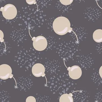 Random beige bombs shapes seamless doodle pattern. Grey background with splas Stock Illustration