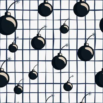 Random black bombs silhouettes seamless doodle pattern. White background with Illustrazione stock