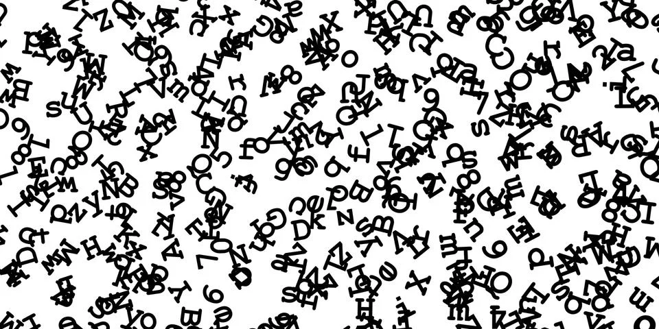 Random black digits and letters on white background Illustrazione stock