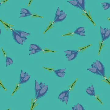 Random blue crocus outline flowers elements seamless pattern. Turquoise backg イラスト素材