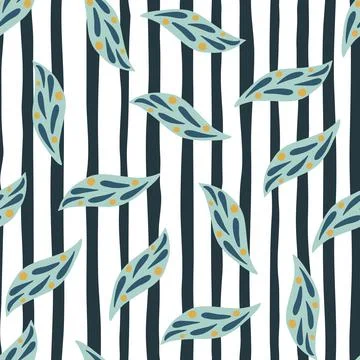 Random blue leaf elements seamless doodle pattern. Black and white striped ba Stock Illustration