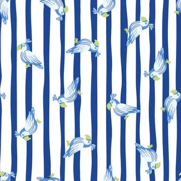 Random blue parrot elements seamless bird pattern. White and blue striped bac Stock Illustration