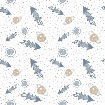 Random blue rockets and beige planets seamless pattern. White background with Illustrazione stock