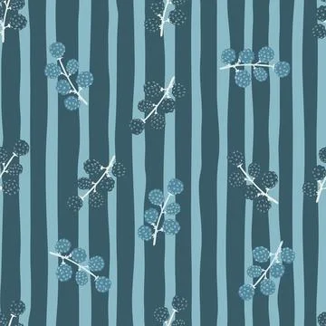 Random blue seamless pattern with fresh blackberry elements. Striped backgrou 스톡 일러스트