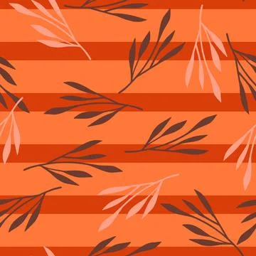 Random botanic leaf silhouettes seamless doodle pattern. Orange striped backg 스톡 일러스트