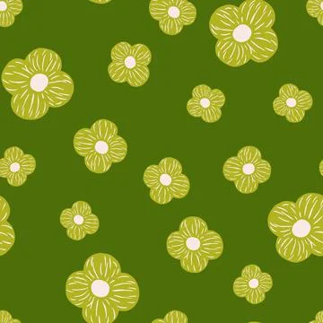 Random botanic seamless pattern with simple flowers elements. Green backgroun Stock Illustration