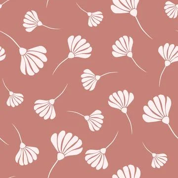 Random botanic seamless pattern with white flower silhouettes. Pale beige dar Illustrazione stock
