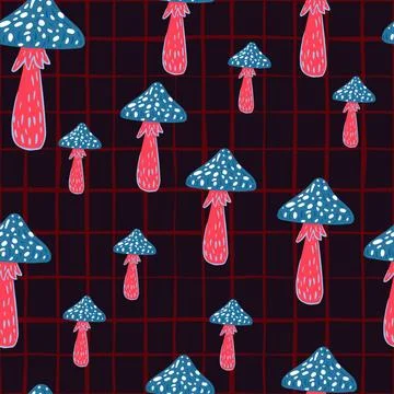 Random bright organic seamless pattern with pink and blue colored mushrooms.  Illustrazione stock