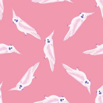 Random bright seamless exotic zoo pattern with white hand drawn cockatoo prin Illustrazione stock