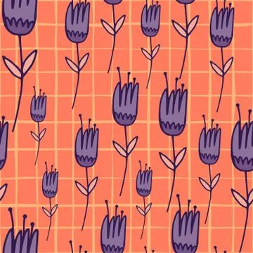 Random bright seamless floral pattern with outline purple tulip silhouettes.  Stock Illustration