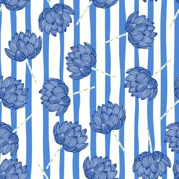 Random bright seamless pattern in asian style with blue lotus elements. White Illustrazione stock