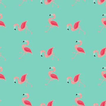 Random bright seamless pattern with pink flamingo simple elements. Blue backg イラスト素材