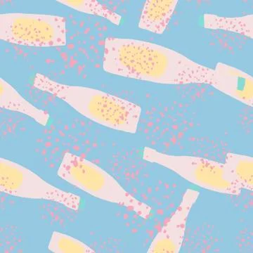 Random bright seamless pattern with wine bottles. Blue background with splash Stock Illustration