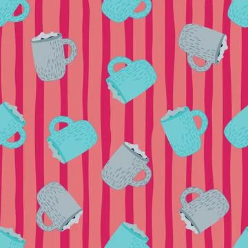 Random bright xmas seamless pattern with blue christmas cup shapes. Pink stri Stock Illustration