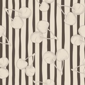 Random cherry silhouette seamless pattern. Light pink background with black s Stock Illustration