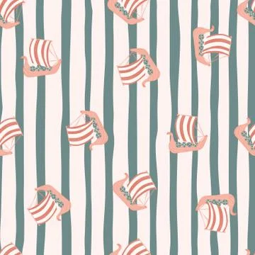 Random childish seamless pattern with cartoon snailing ship silhouettes. Pink イラスト素材