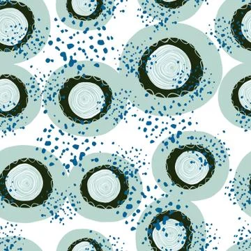 Random circle spot shapes seamless pattern. Blue and black figures on white b Stock Illustration