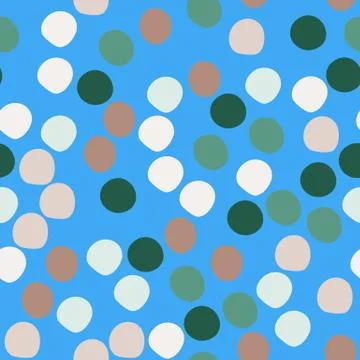 Random colored polka dots seamless pattern. Circle shapes wallpaper on blue b Stock Illustration