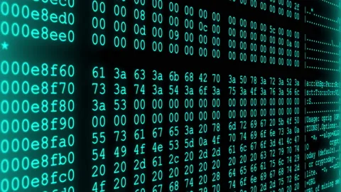 Random computerized digits and lowercase letters scrolling continuously onscreen Video stock 186111201