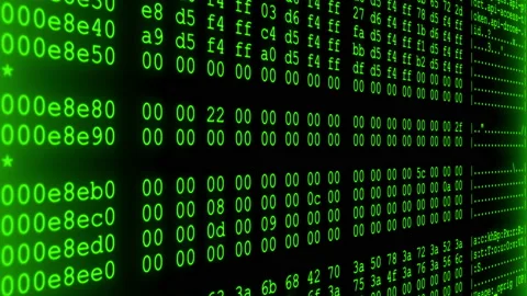 Random computerized digits and lowercase letters scrolling continuously onscreen Stock Footage 186185479